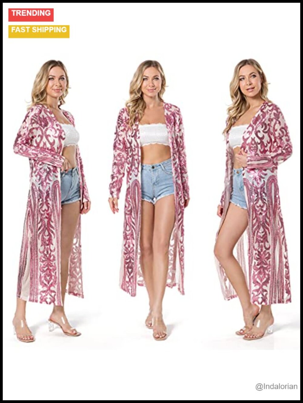 Glitter Sequin Long Sleeve Duster Open Front Mesh Cardigan Party Cover Up